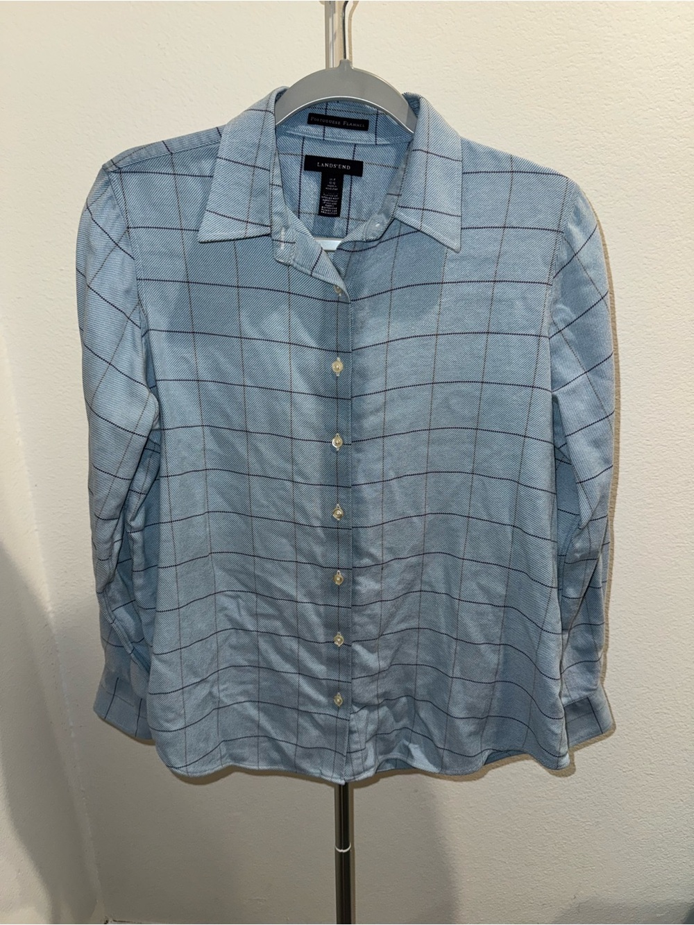 Lands' End Blue Windowpane Plaid Shirt 100% Cotton luxury old money comfort